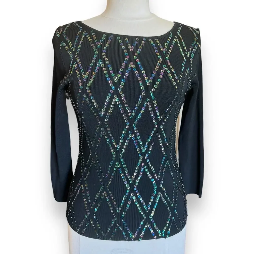 Vintage 90s Y2K Beaded Sequin LS Black Top - Picture 1 of 5